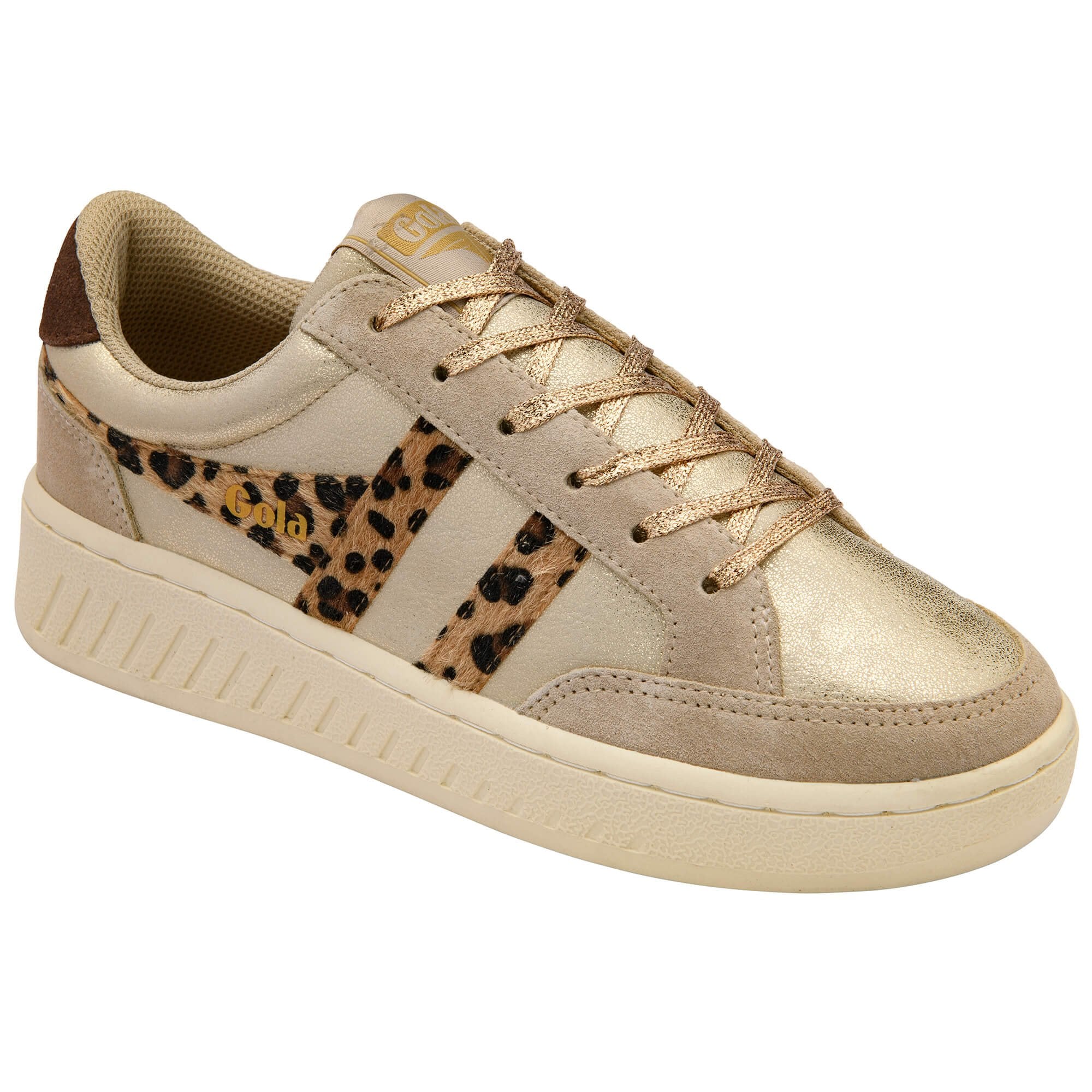 Beige Gola trainer with leopard print accents on a white background