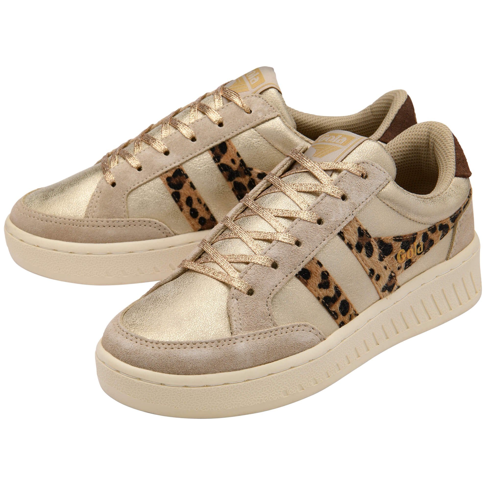 Beige Gola trainers with leopard print accents on a white background