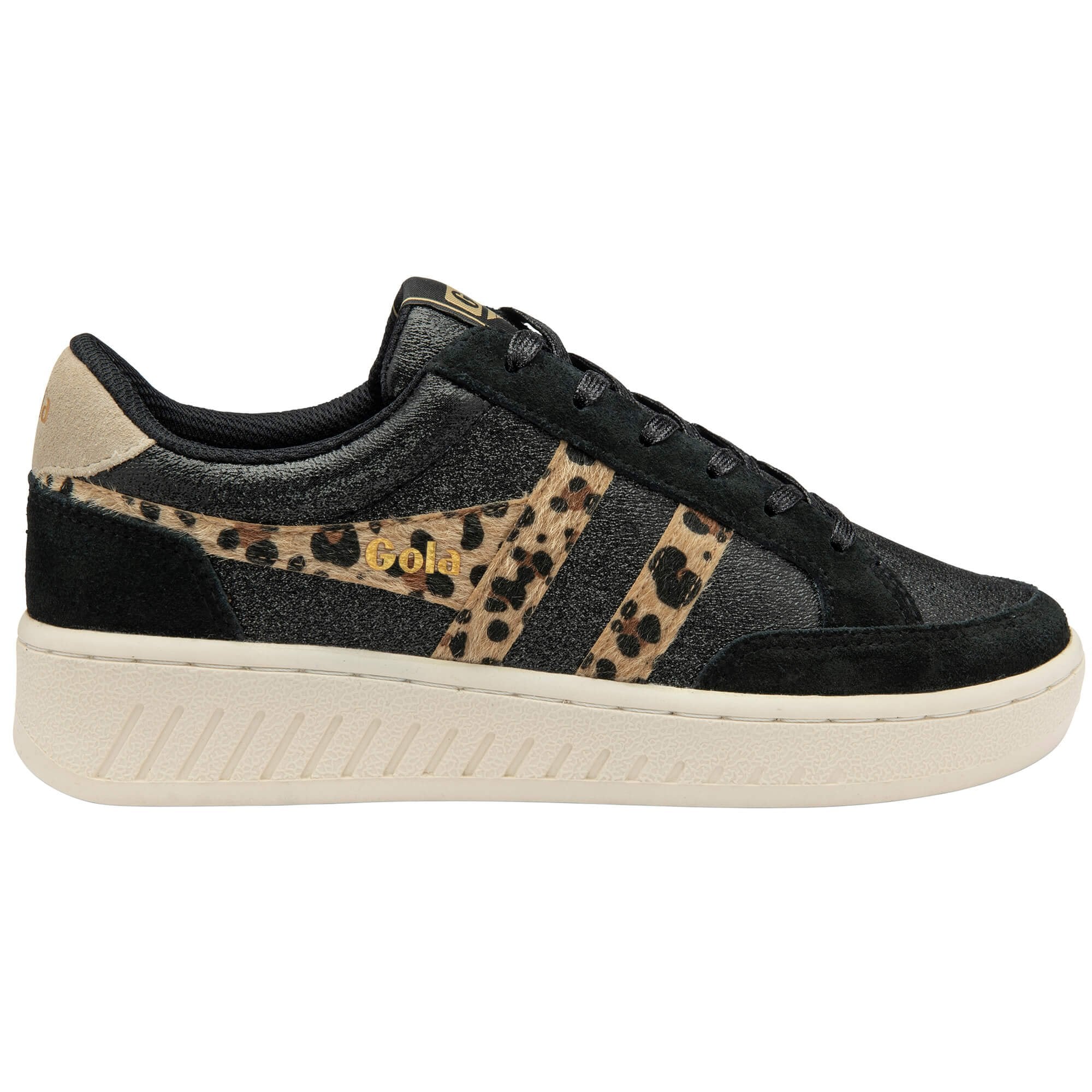 Black Gola trainer with leopard print stripes and a cream sole on a white background