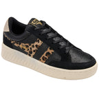 Black Gola trainer with leopard print accents on a white background