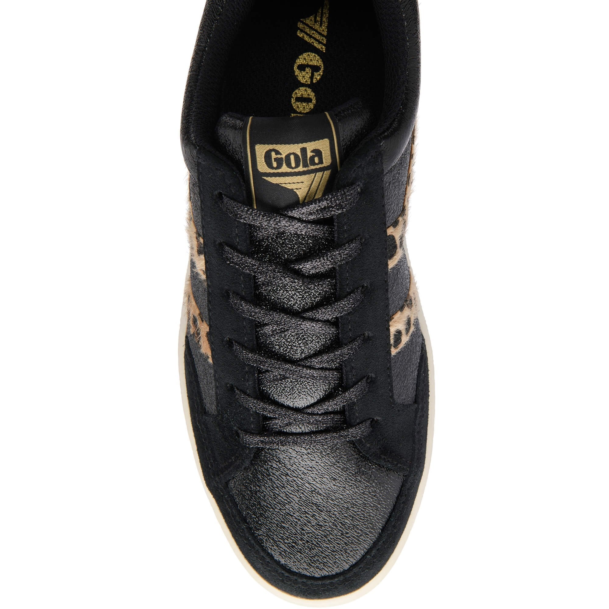 Black Gola trainer with leopard print detail and gold Gola logo on the tongue