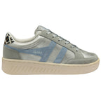 Grey Gola trainer with blue accents and 'Gola' branding on a white background