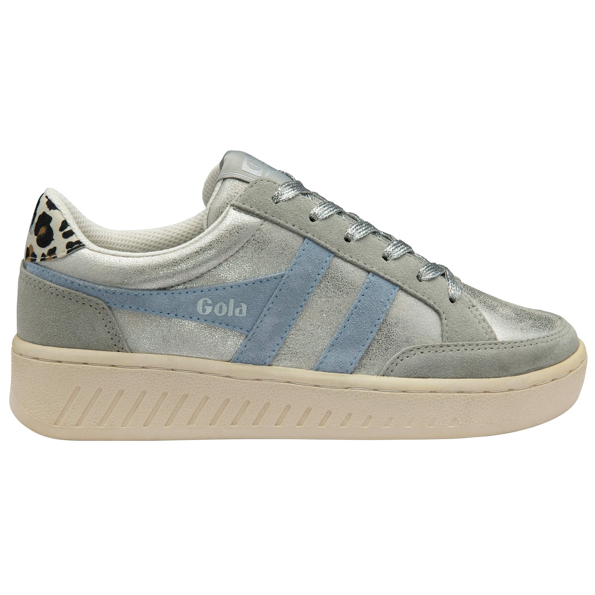 Grey Gola trainer with blue accents and 'Gola' branding on a white background