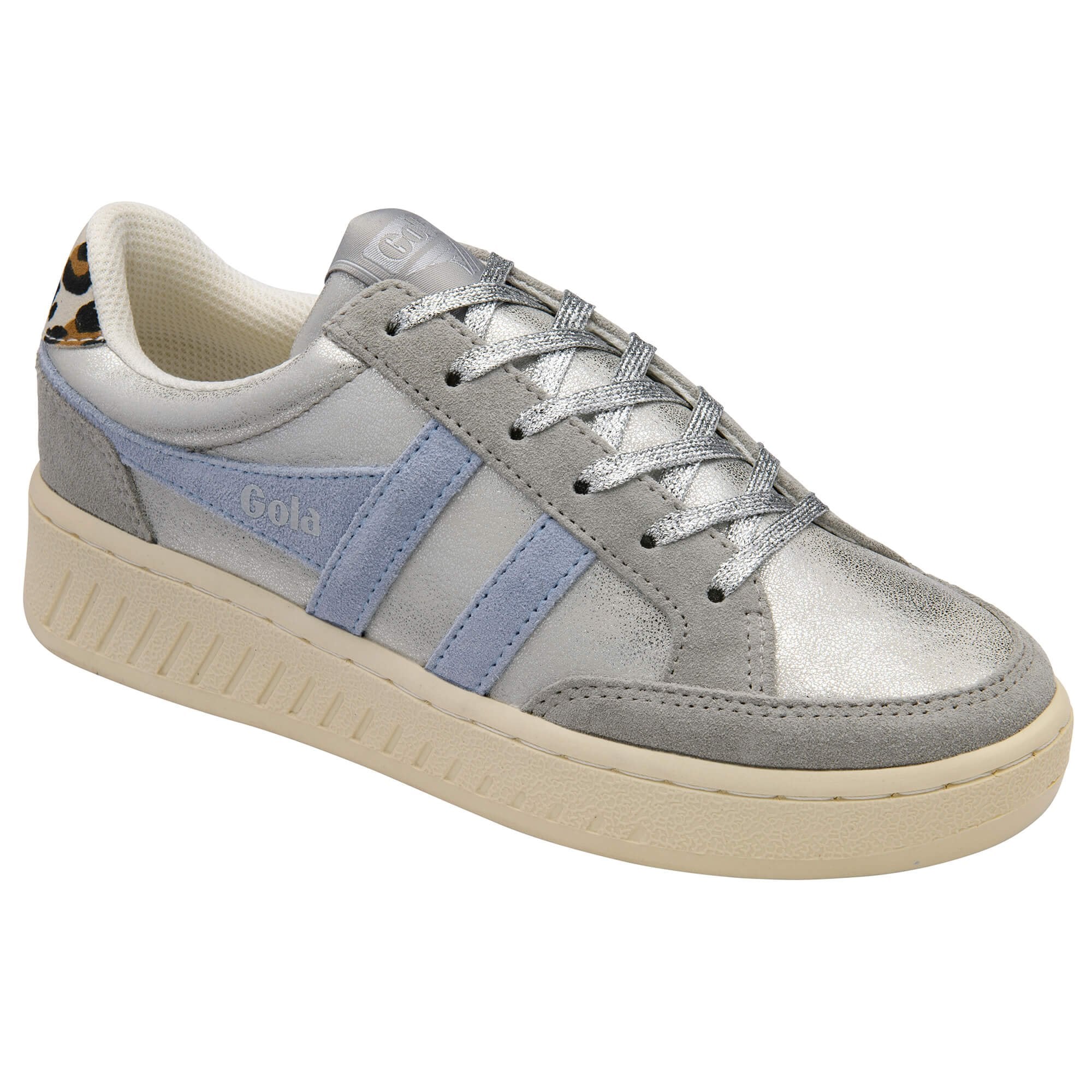 Grey and blue Gola trainer with beige sole on a white background