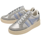 Silver Gola trainers with light blue accents on a white background