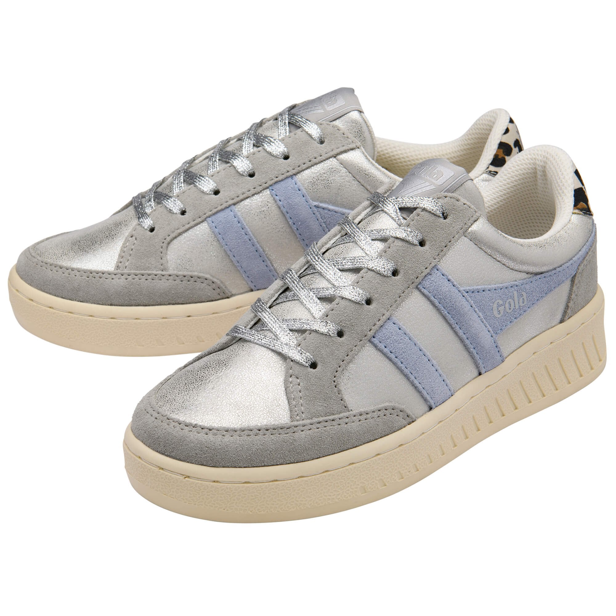 Silver Gola trainers with light blue accents on a white background