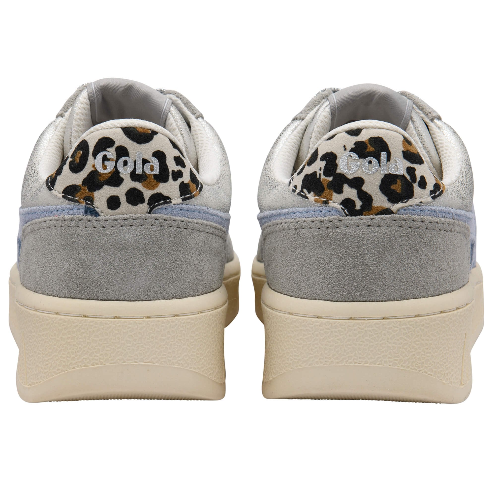 Grey Gola trainers with leopard print accents and 'Gold' branding on a white background