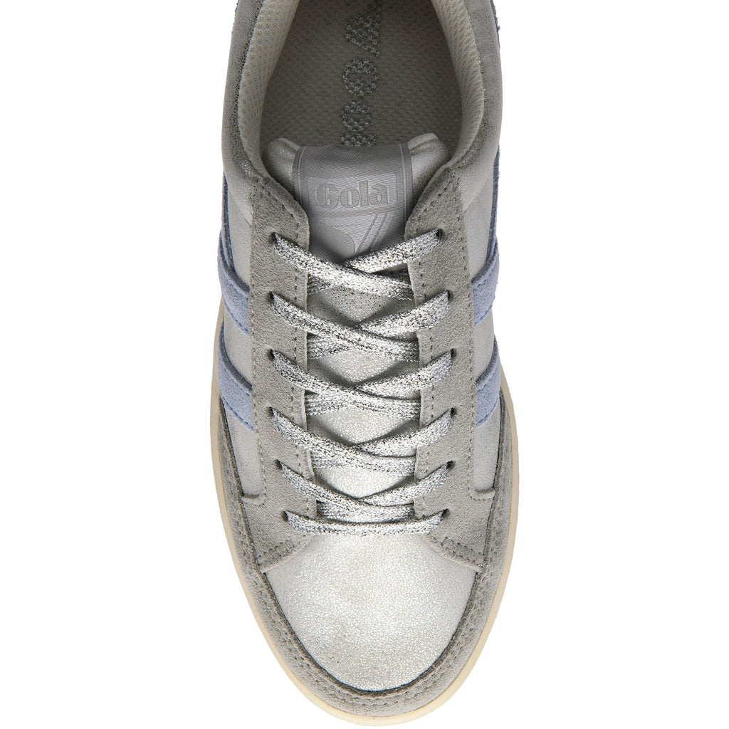 Gola trainer in silver and blue with silver laces on a white background