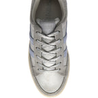 Gola trainer in silver and blue with silver laces on a white background