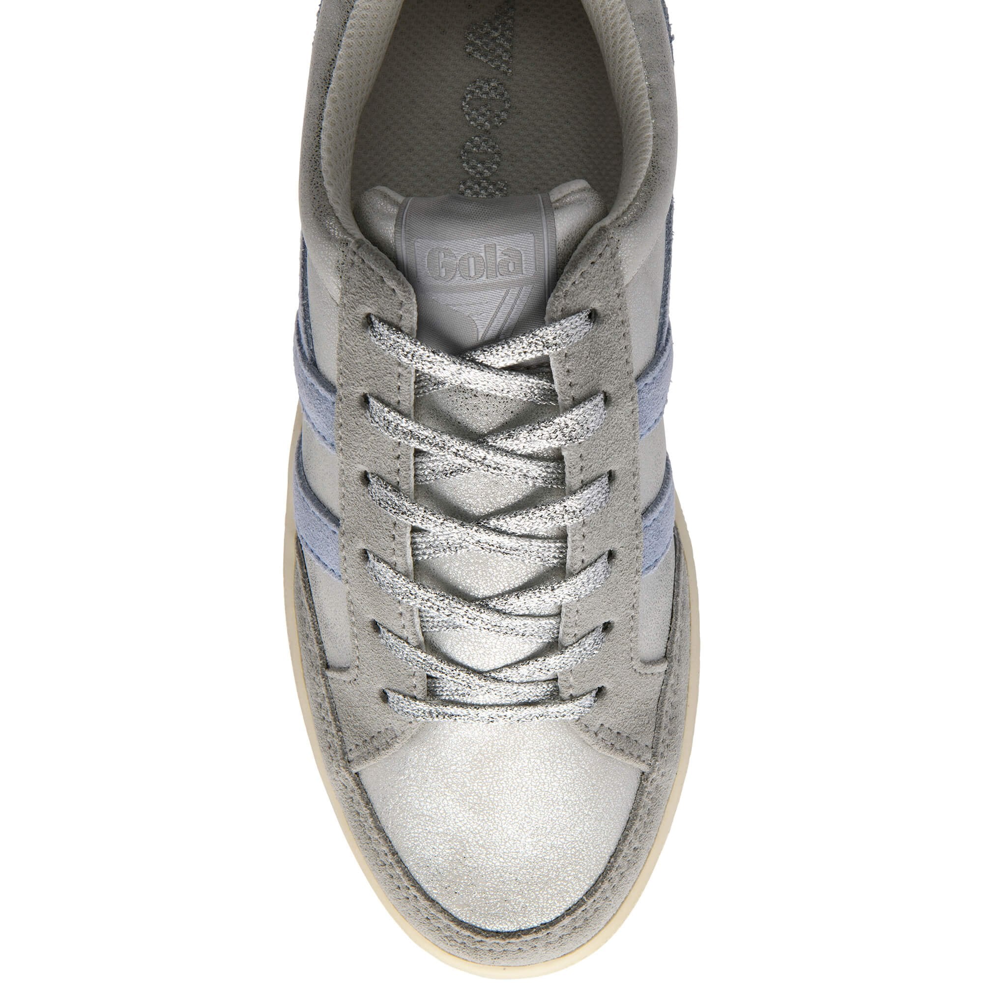 Gola trainer in silver and blue with silver laces on a white background