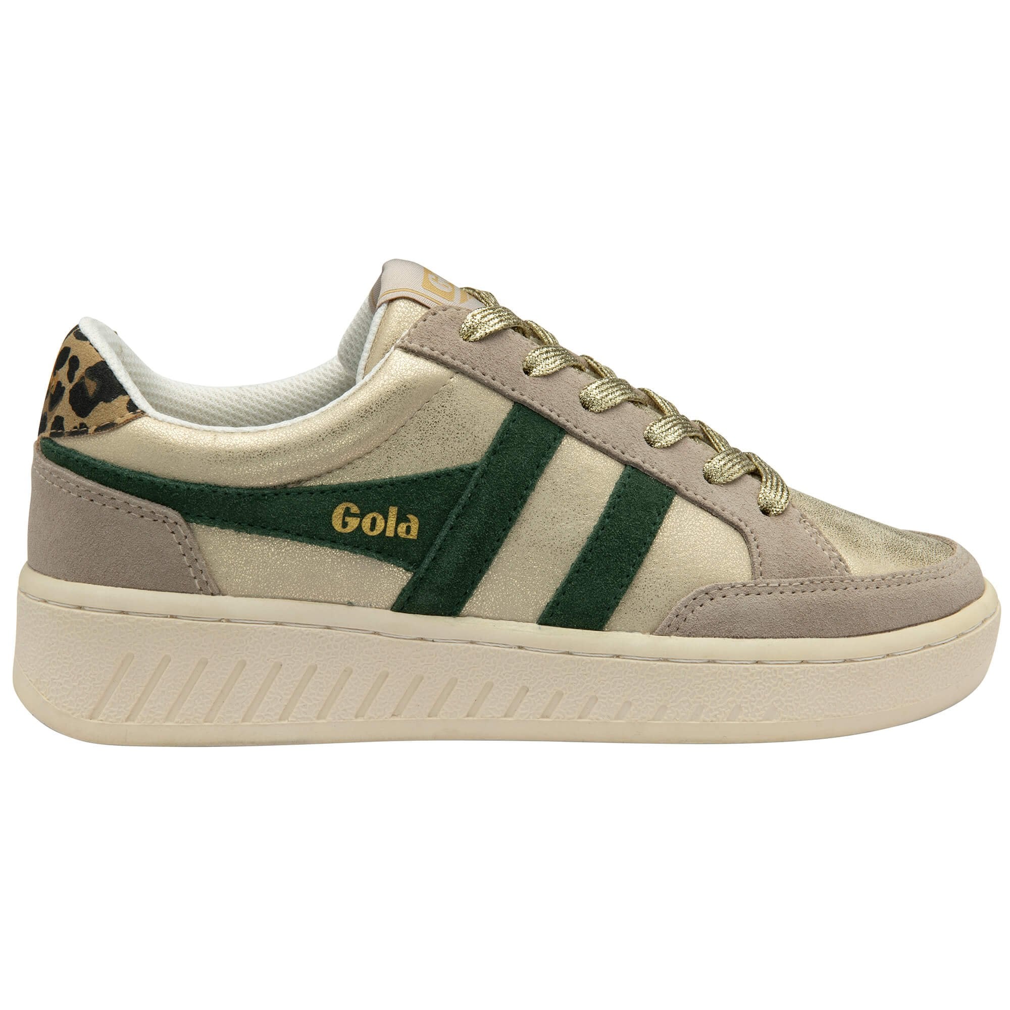 Gola trainer in gold with green stripes and leopard print heel on a white background
