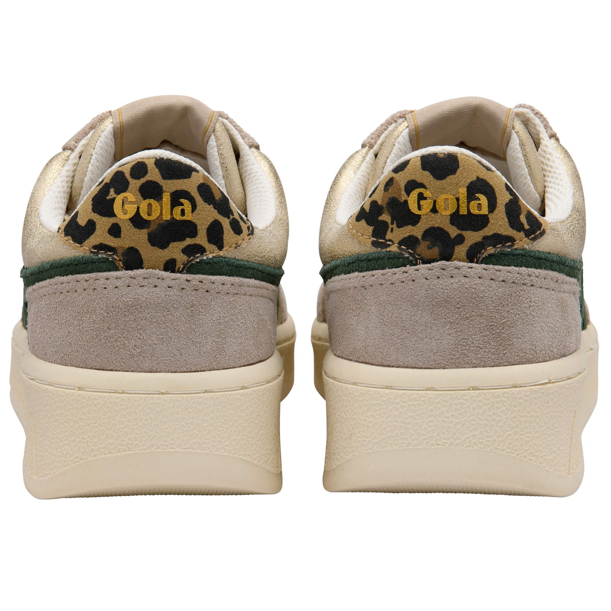 Pair of Gola trainers with leopard print accents on a white background