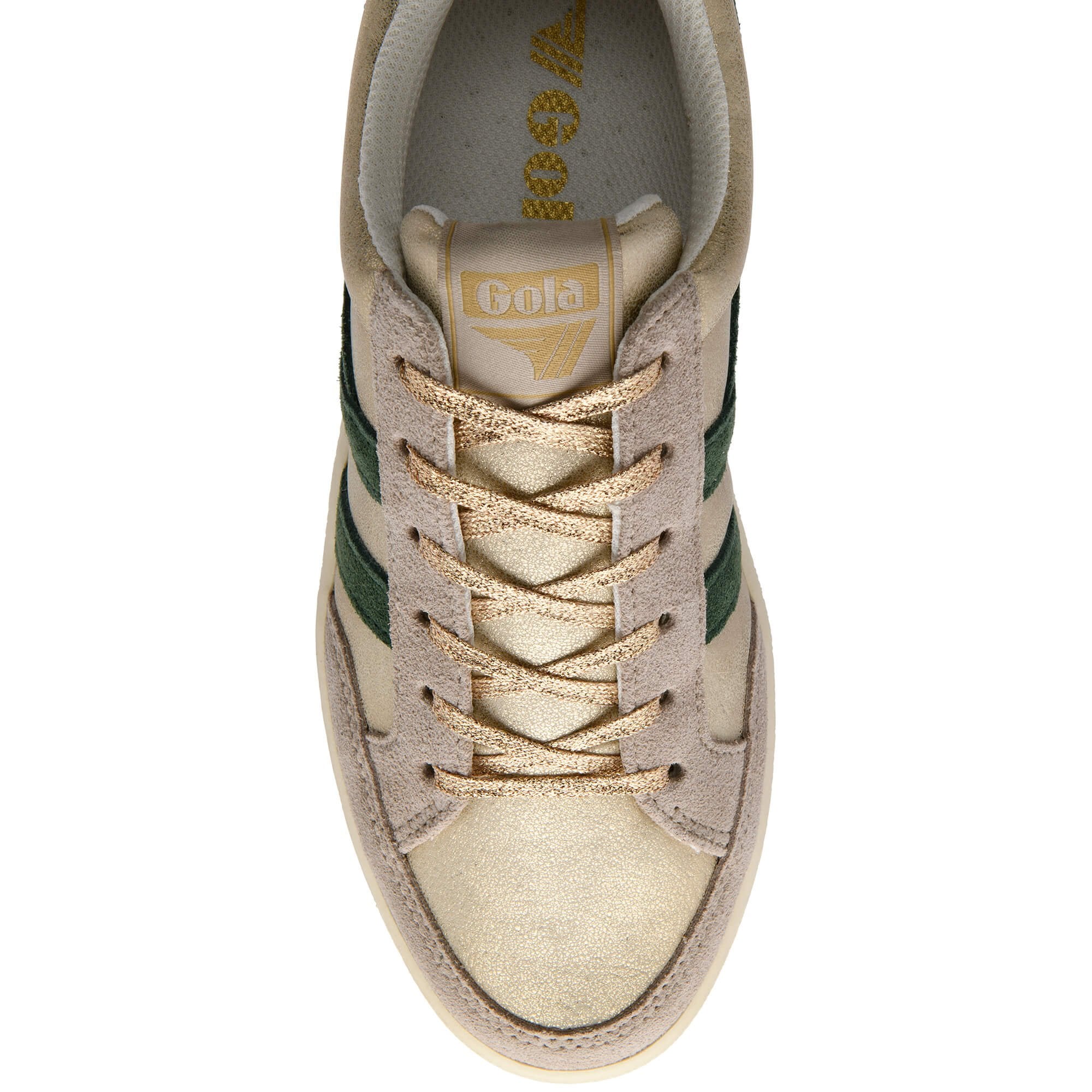 Gola trainer in beige and gold with green stripes and gold laces on a white background