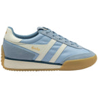 Blue trainer with white stripes and brown sole on a white background