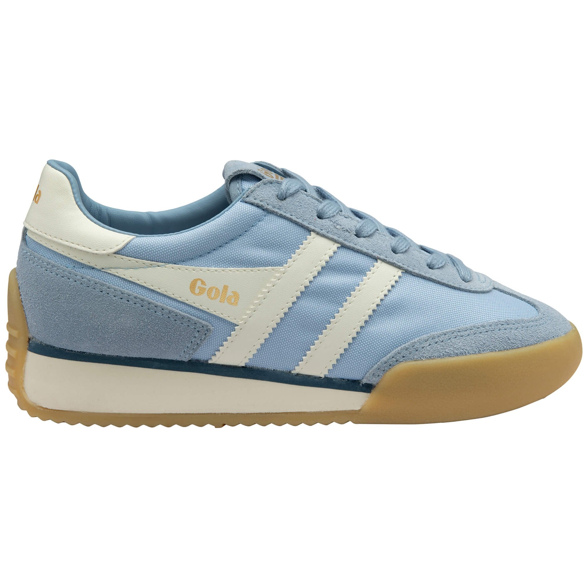 Blue trainer with white stripes and brown sole on a white background