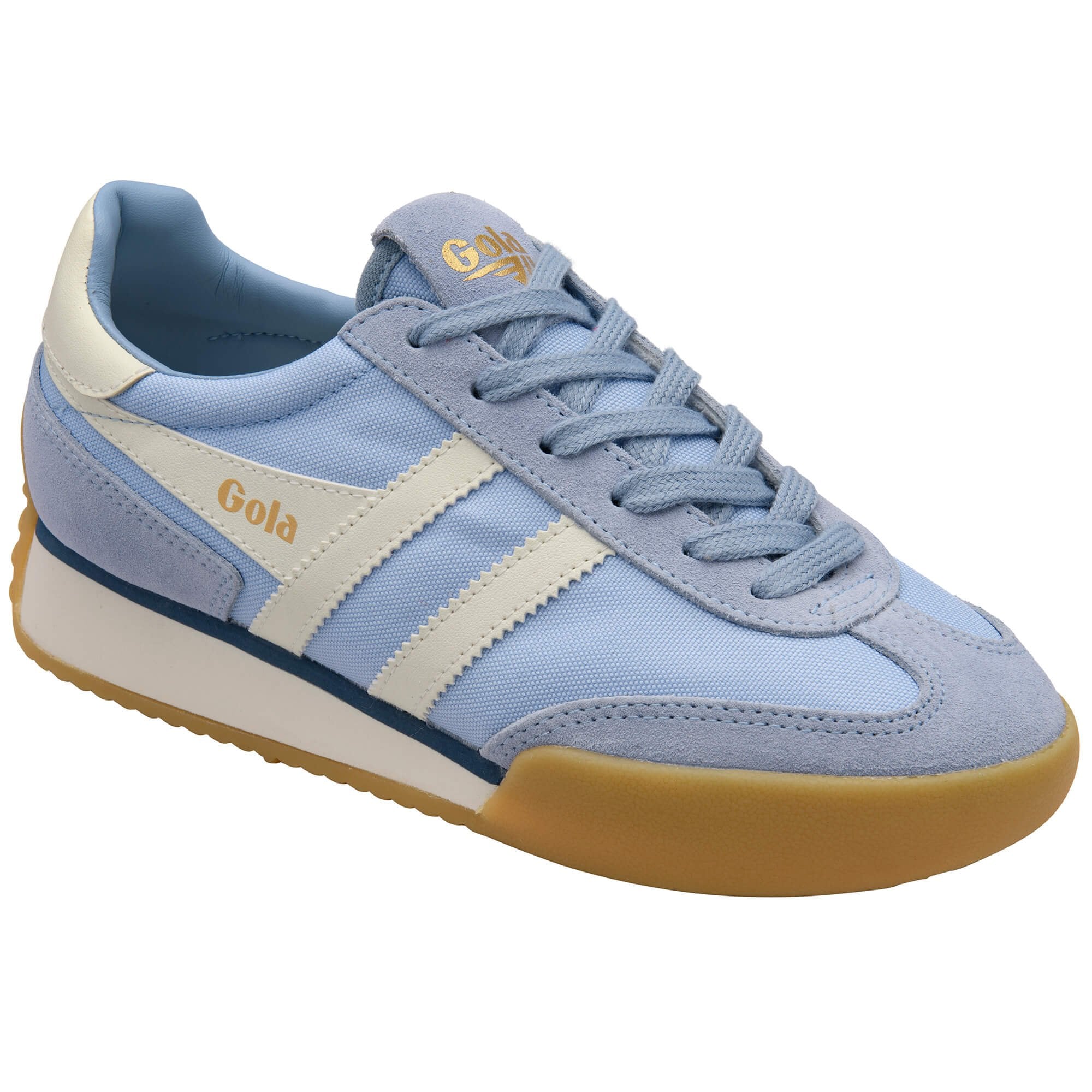 Light blue Gola trainers with white stripes and a gum sole