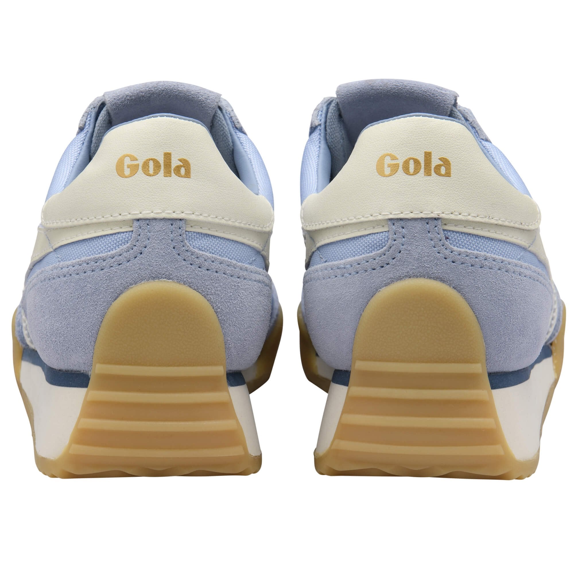 Pair of light blue Gola trainers with cream accents and gum soles, rear view