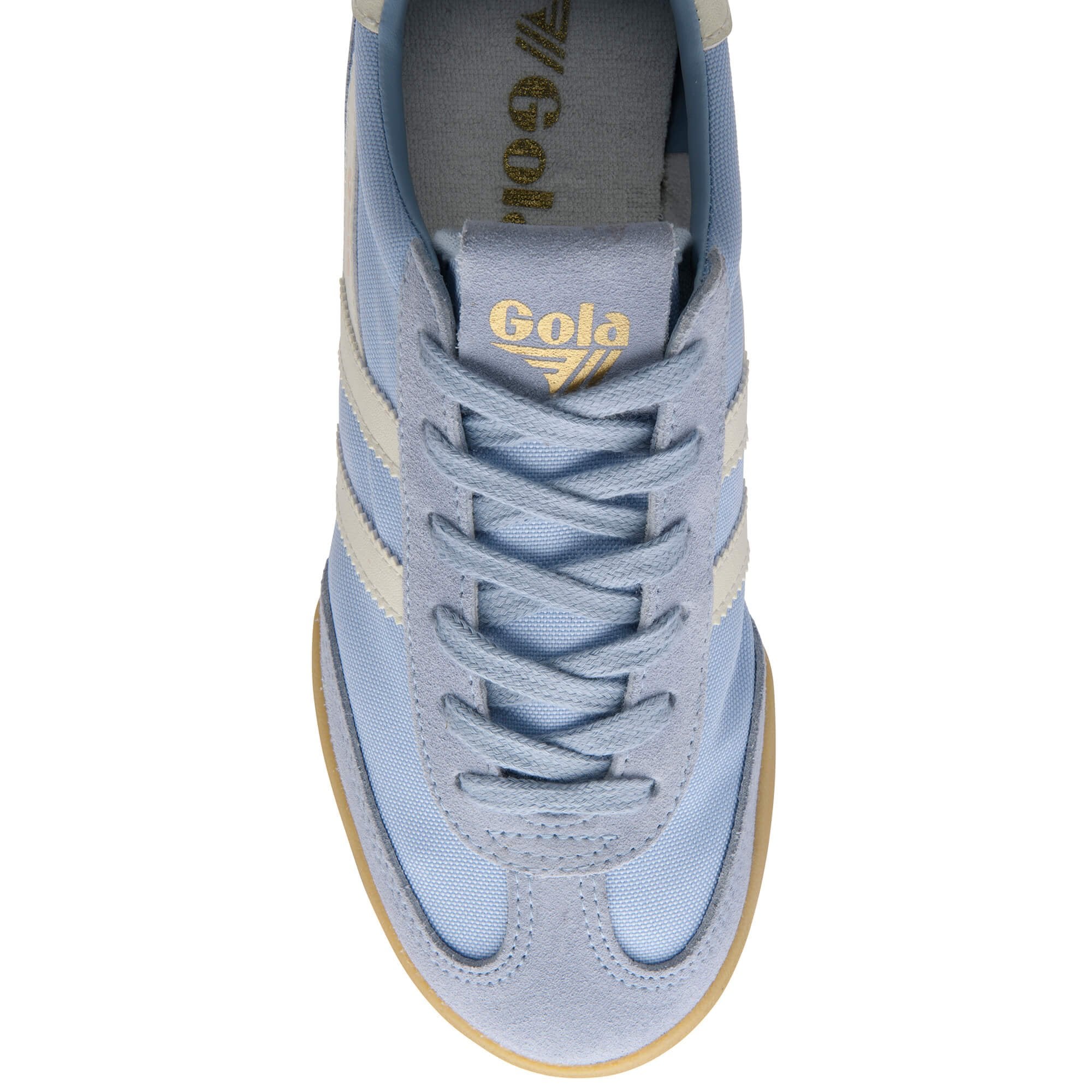 Light blue trainer with white laces and sole on a white background