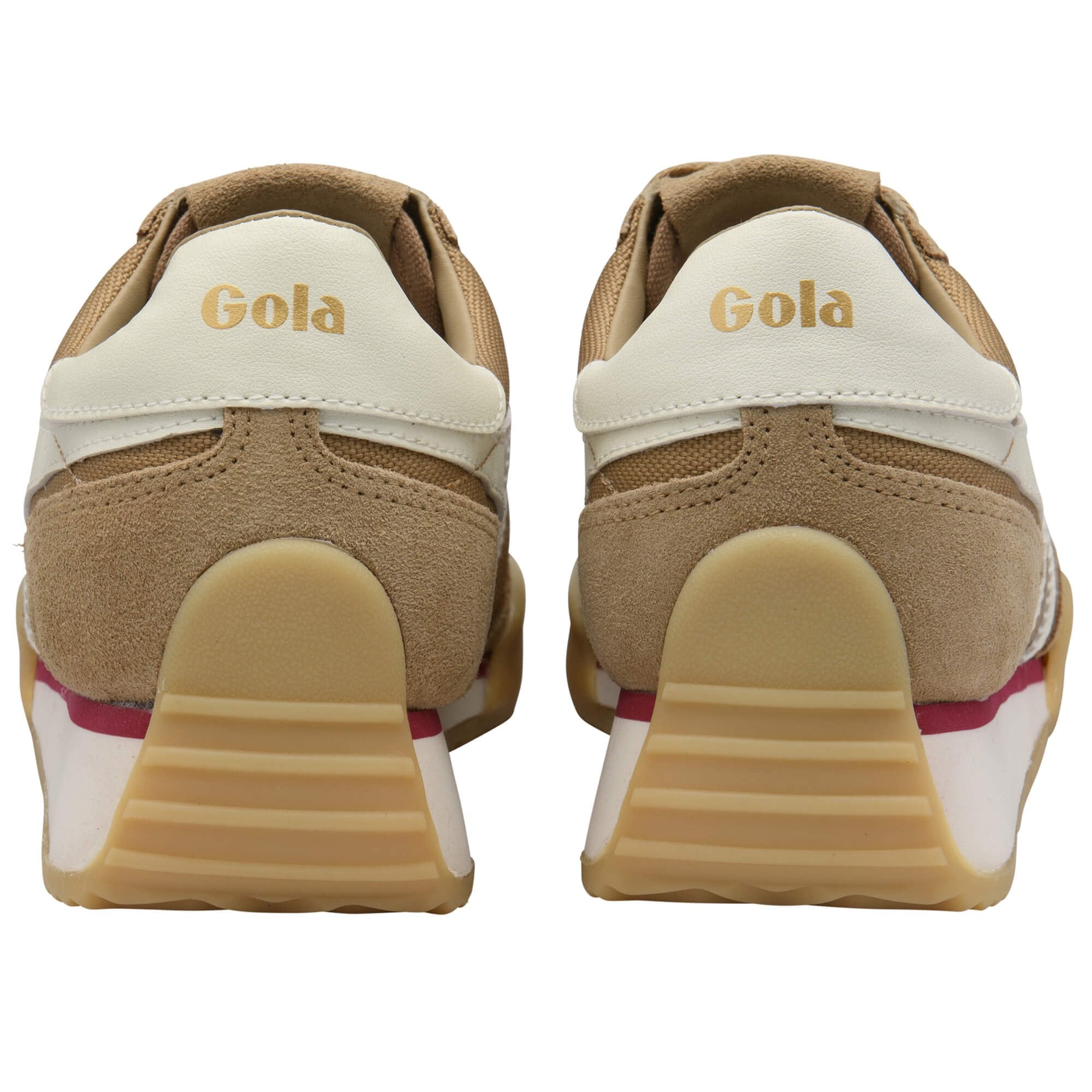 Pair of Gola trainers, rear view, with tan suede and cream leather accents