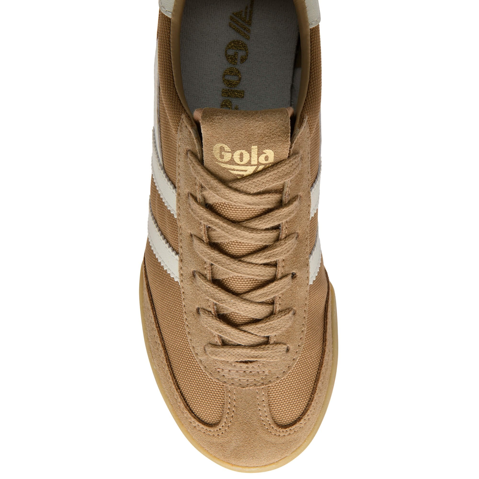 Tan trainer with white stripes and 'Gola' branding on a white background