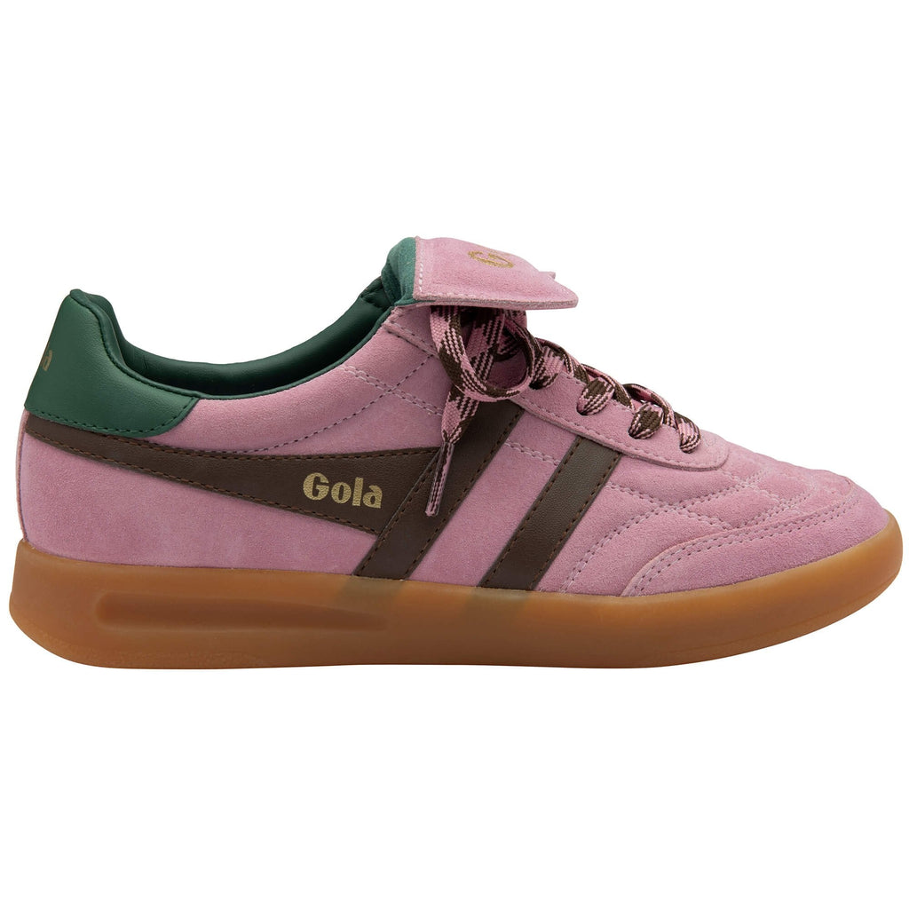 Gola trainer in pink with dark green trim and brown stripes