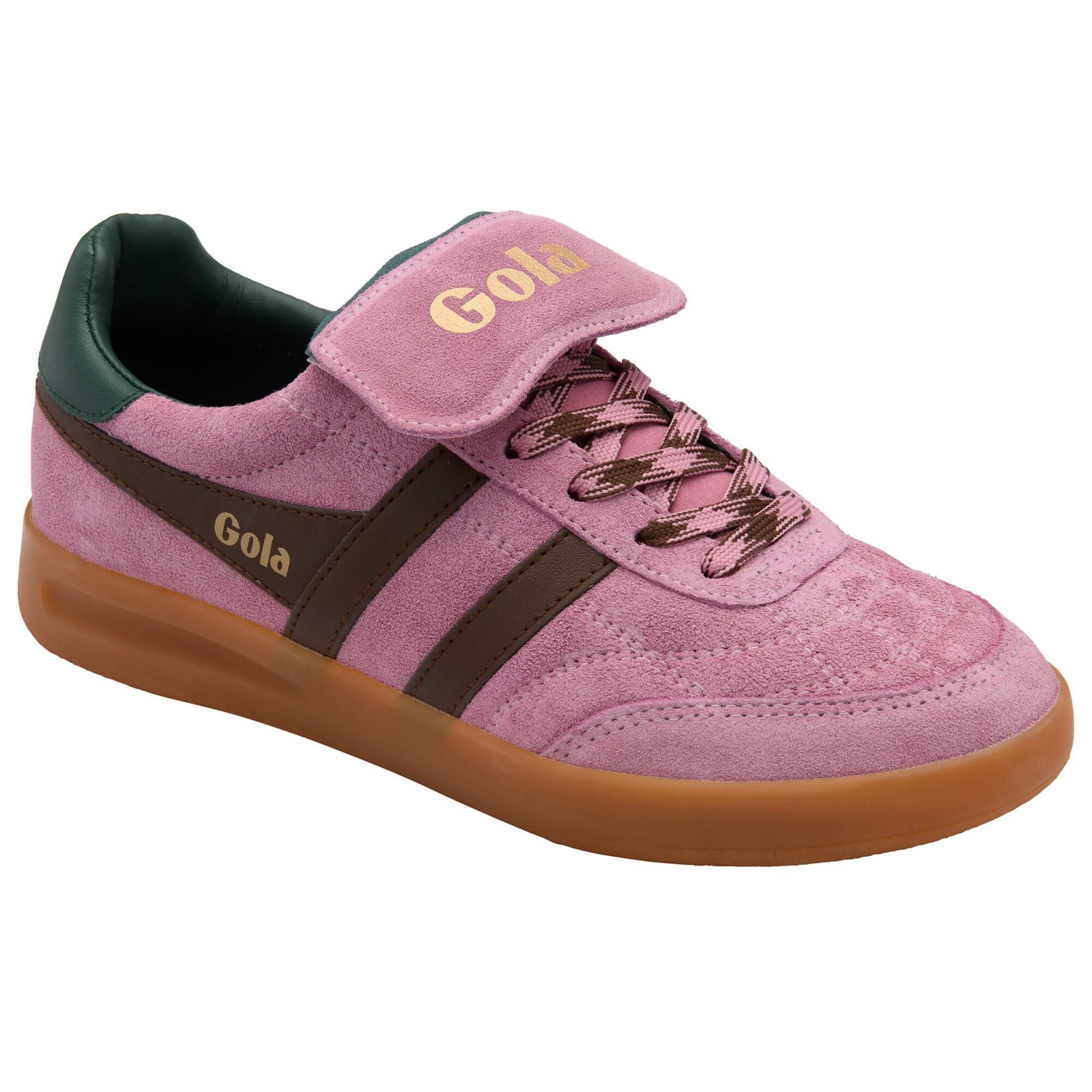 Pink Gola trainer with brown accents on a white background