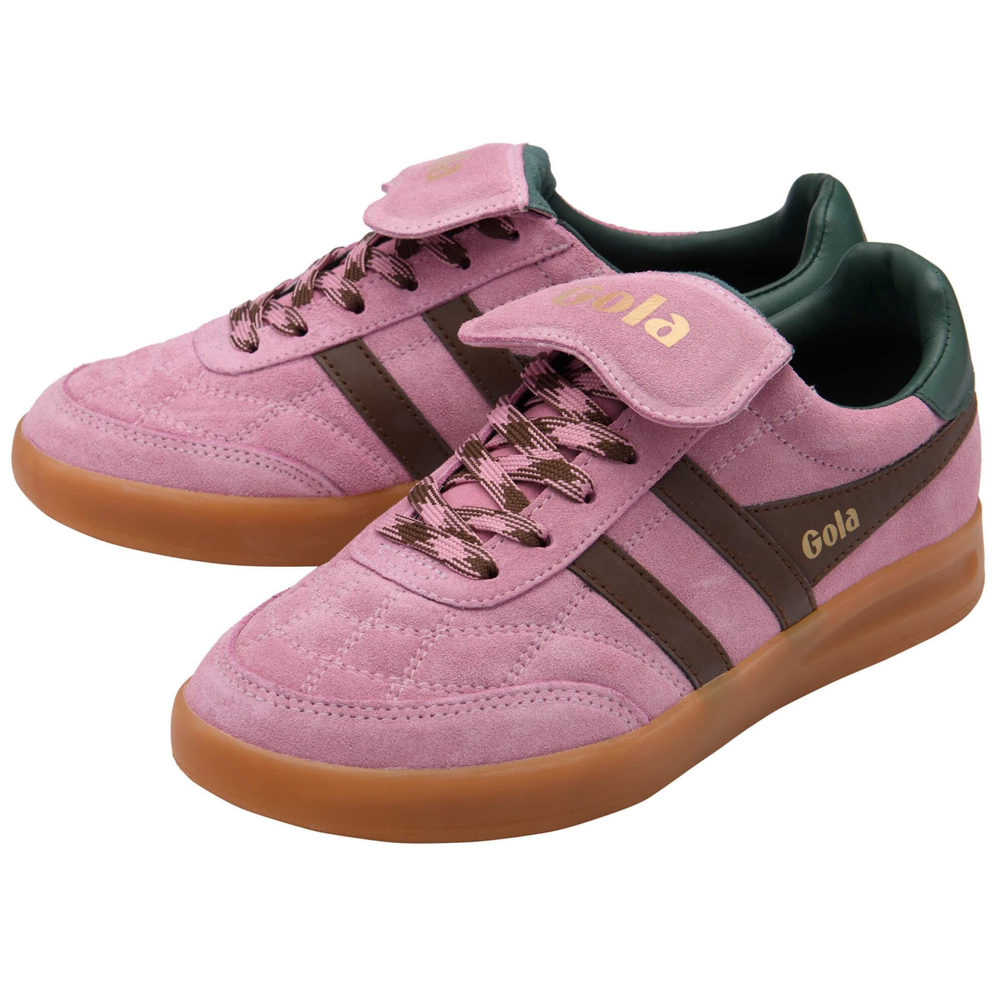 Pink Gola trainers with brown accents on a white background
