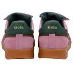 Pink trainers with green and brown accents on a white background