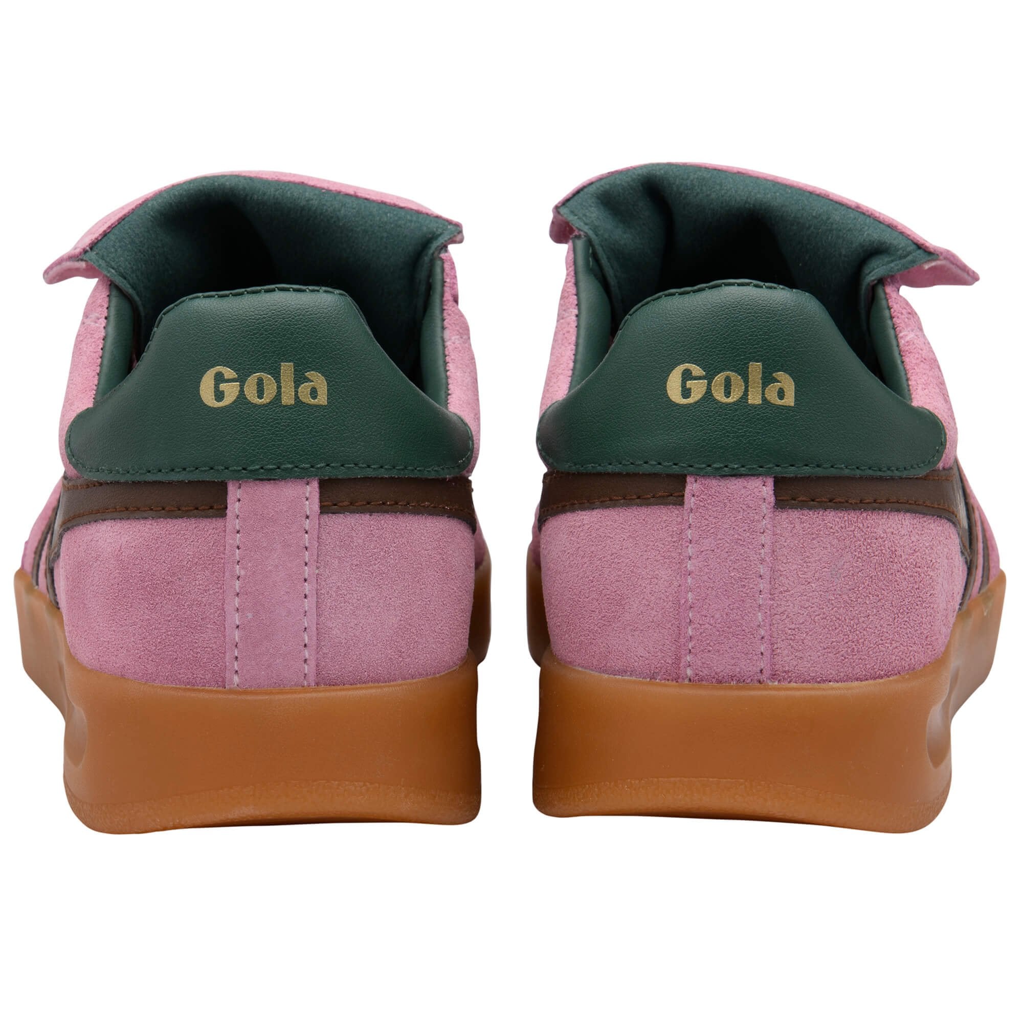 Pink trainers with green and brown accents on a white background
