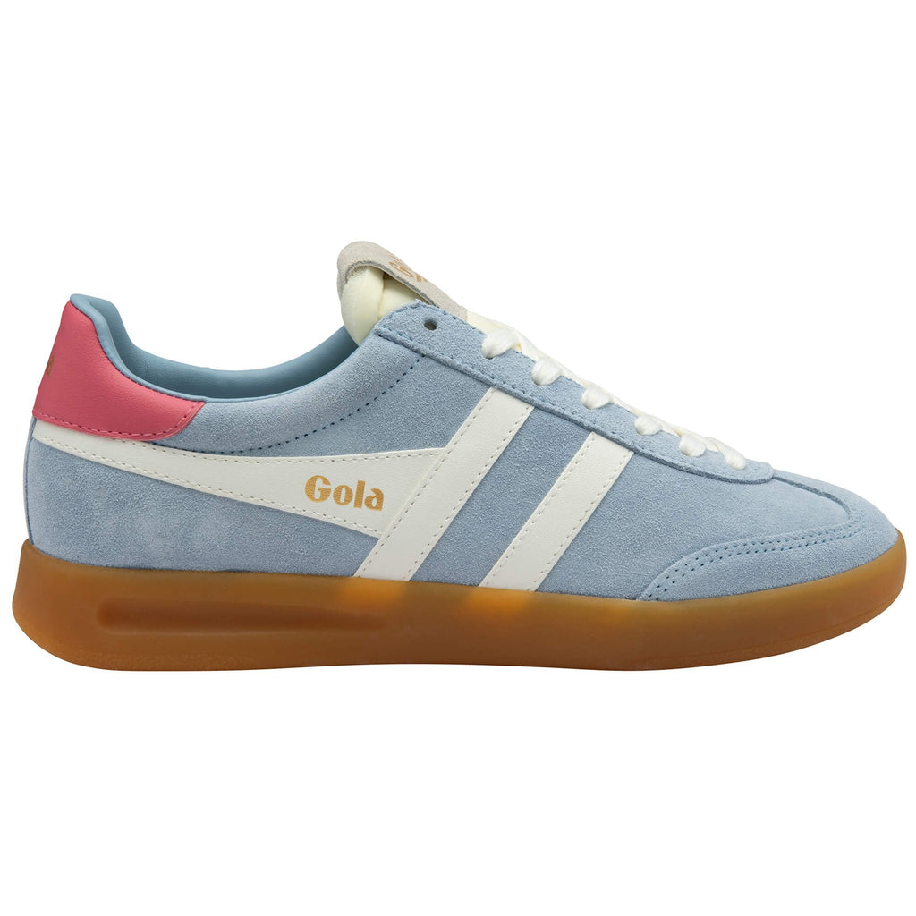 Blue Gola trainer with pink heel and brown sole on a white background