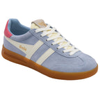 Blue Gola trainer with pink heel and white laces on a white background