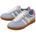 Pair of blue Gola trainers with white laces and red accents on a white background