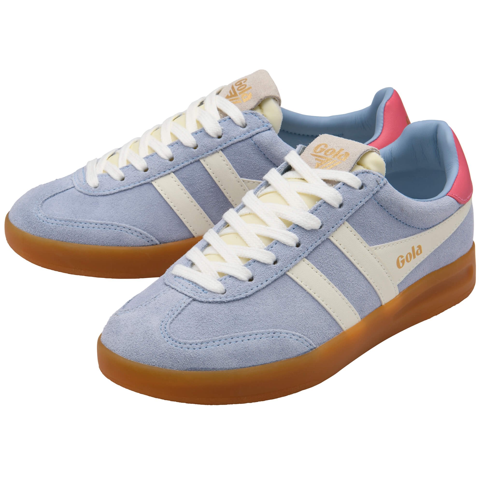 Pair of blue Gola trainers with white laces and red accents on a white background
