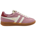 Pink Gola trainer with white stripes and brown sole on a white background