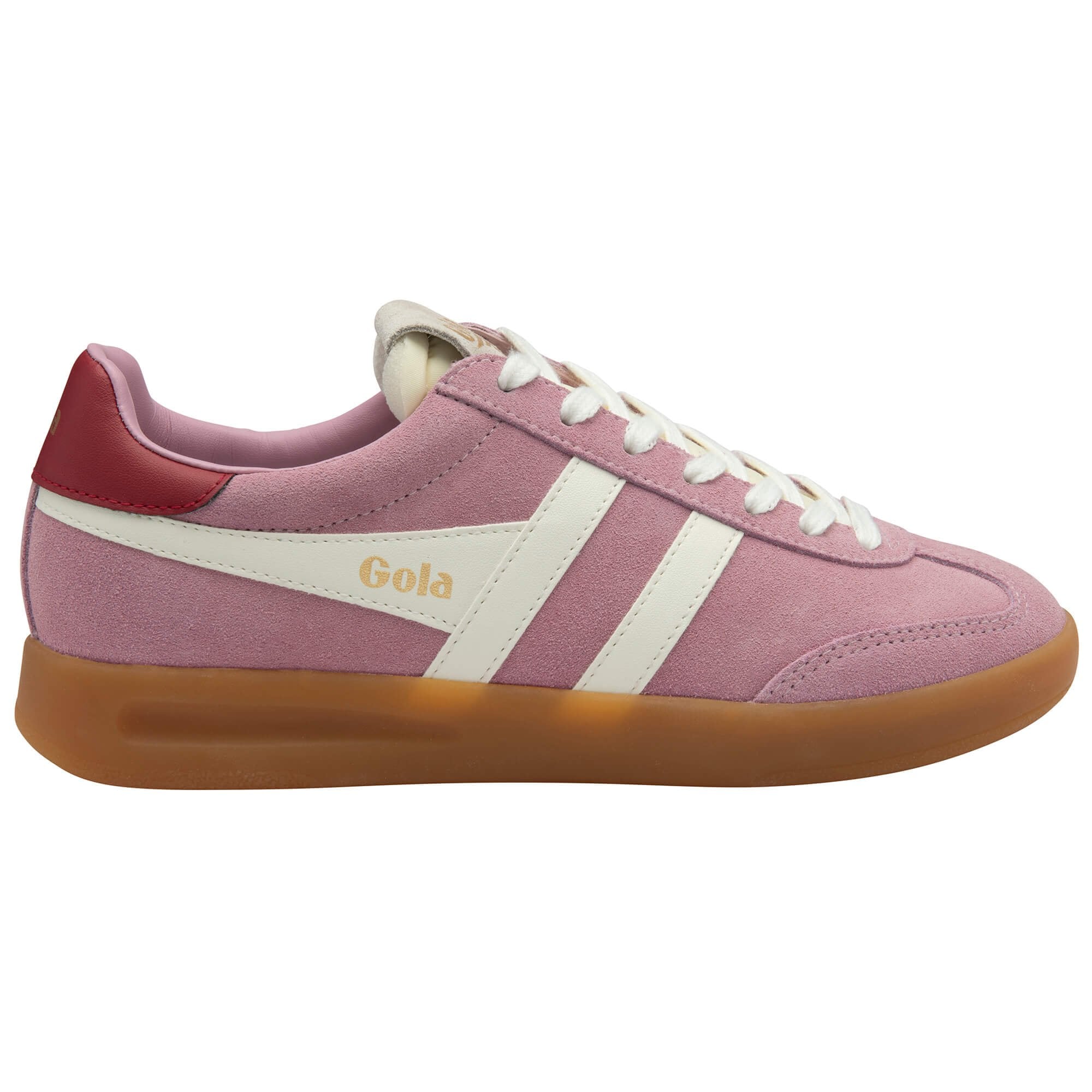 Pink Gola trainer with white stripes and brown sole on a white background