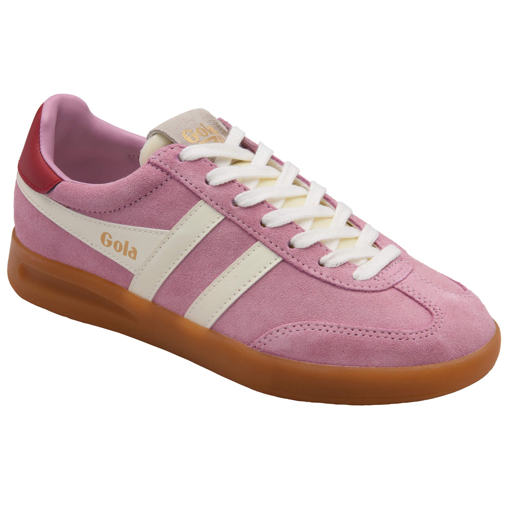 Pink Gola trainer with white laces and sole on a white background
