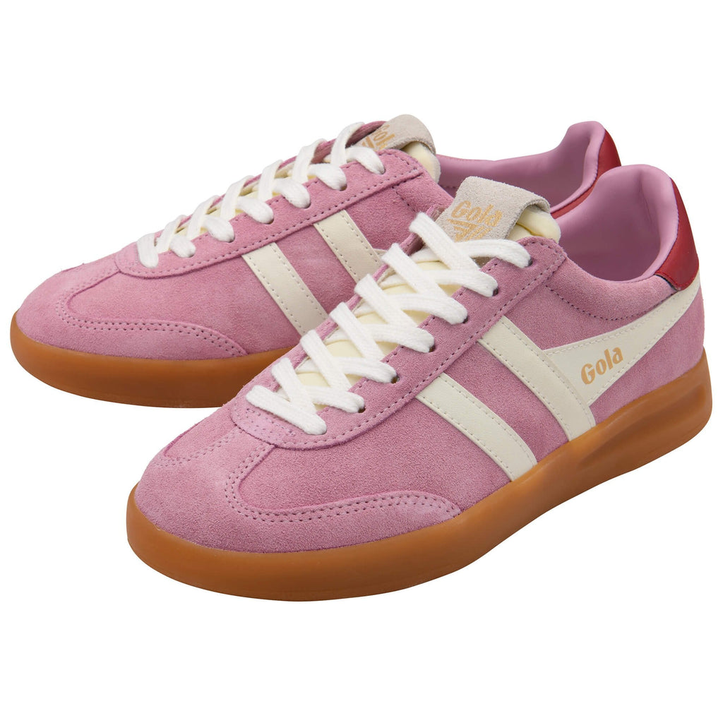 Pair of Gola trainers in pink suede with white stripes and gum sole on a white background