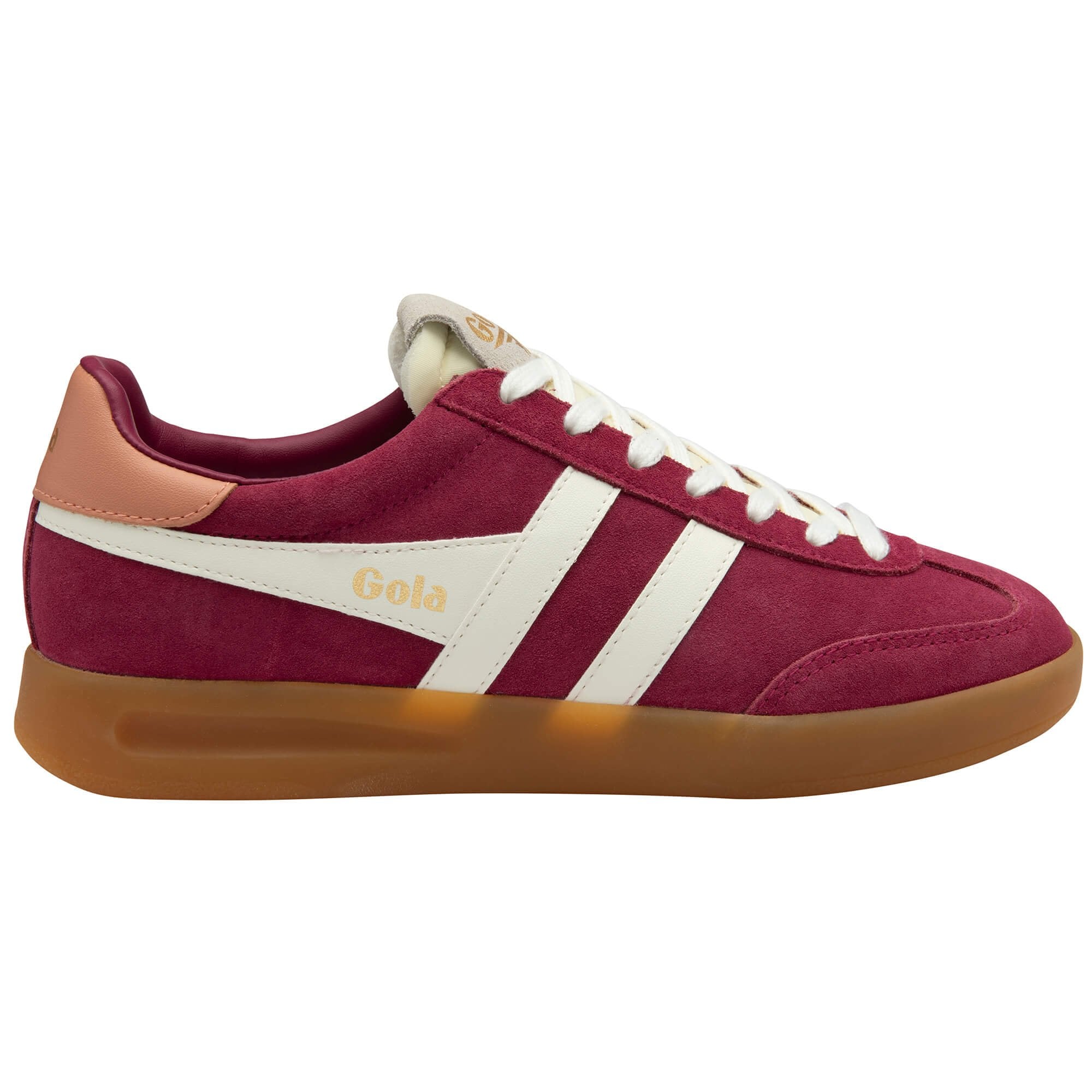 Maroon trainer with white stripes and brown sole on a white background