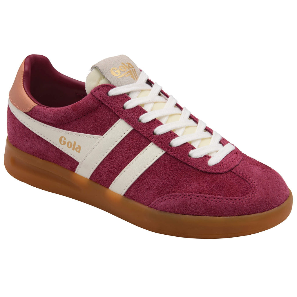 Gola trainer in burgundy with white stripes, white laces, and a gum sole on a white background