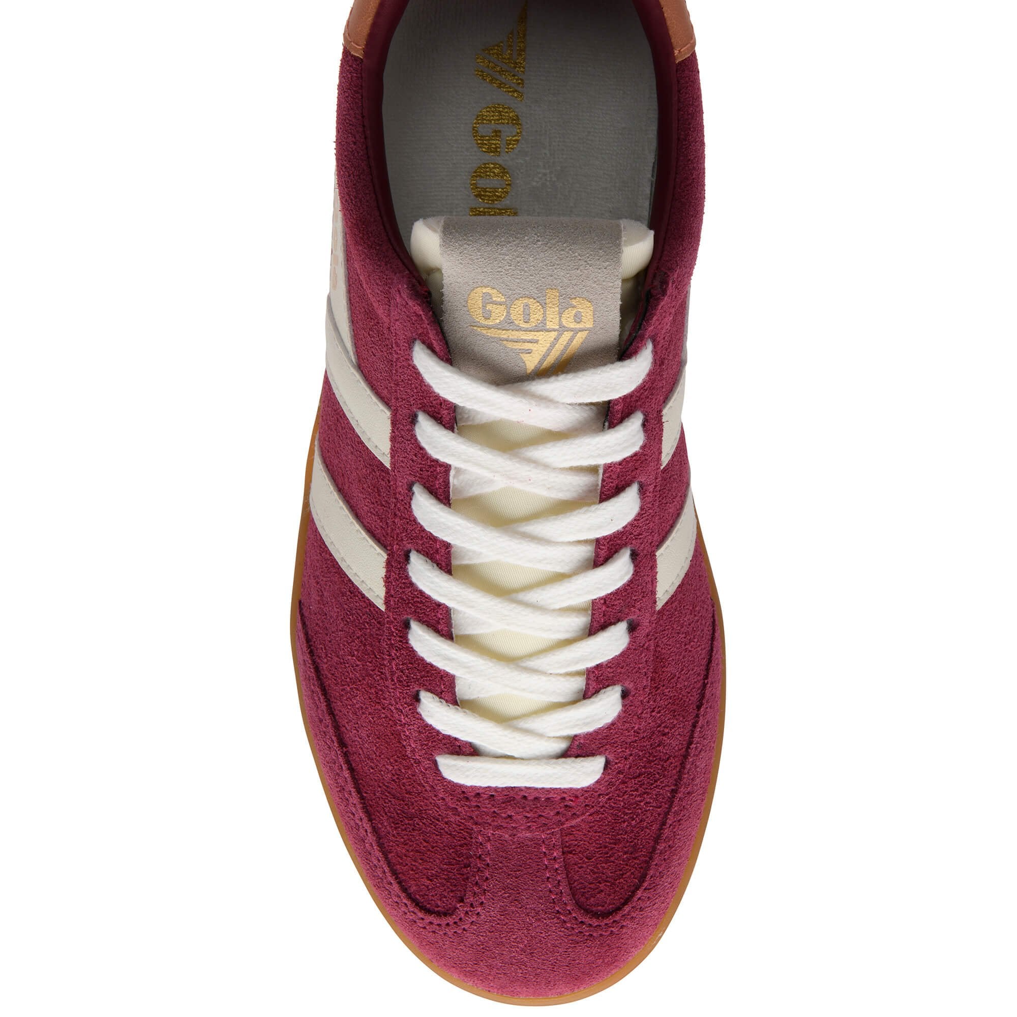 Maroon trainer with white laces on a white background