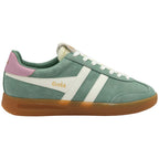 Gola trainer in green with white stripes, pink heel tab, and gum sole on a white background
