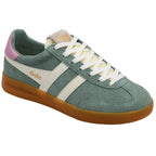 Green trainer with white stripes and pink accents on a white background