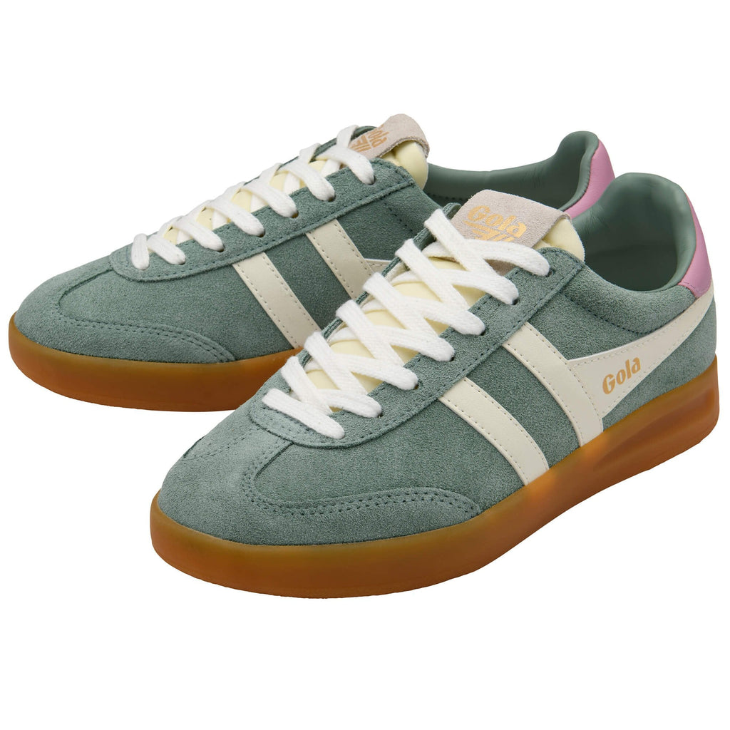Pair of green Gola trainers with white laces and brown soles on a white background