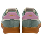Pair of Gola trainers, green with pink heel tab and gold Gola logo, gum sole on a white background