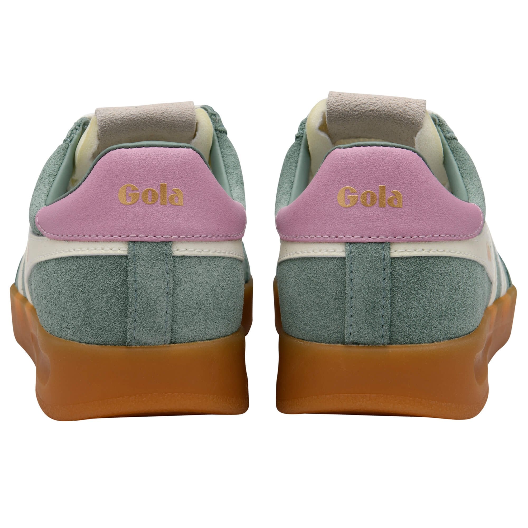 Pair of Gola trainers, green with pink heel tab and gold Gola logo, gum sole on a white background