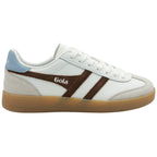 White Gola sneaker with brown stripes and light blue heel tab