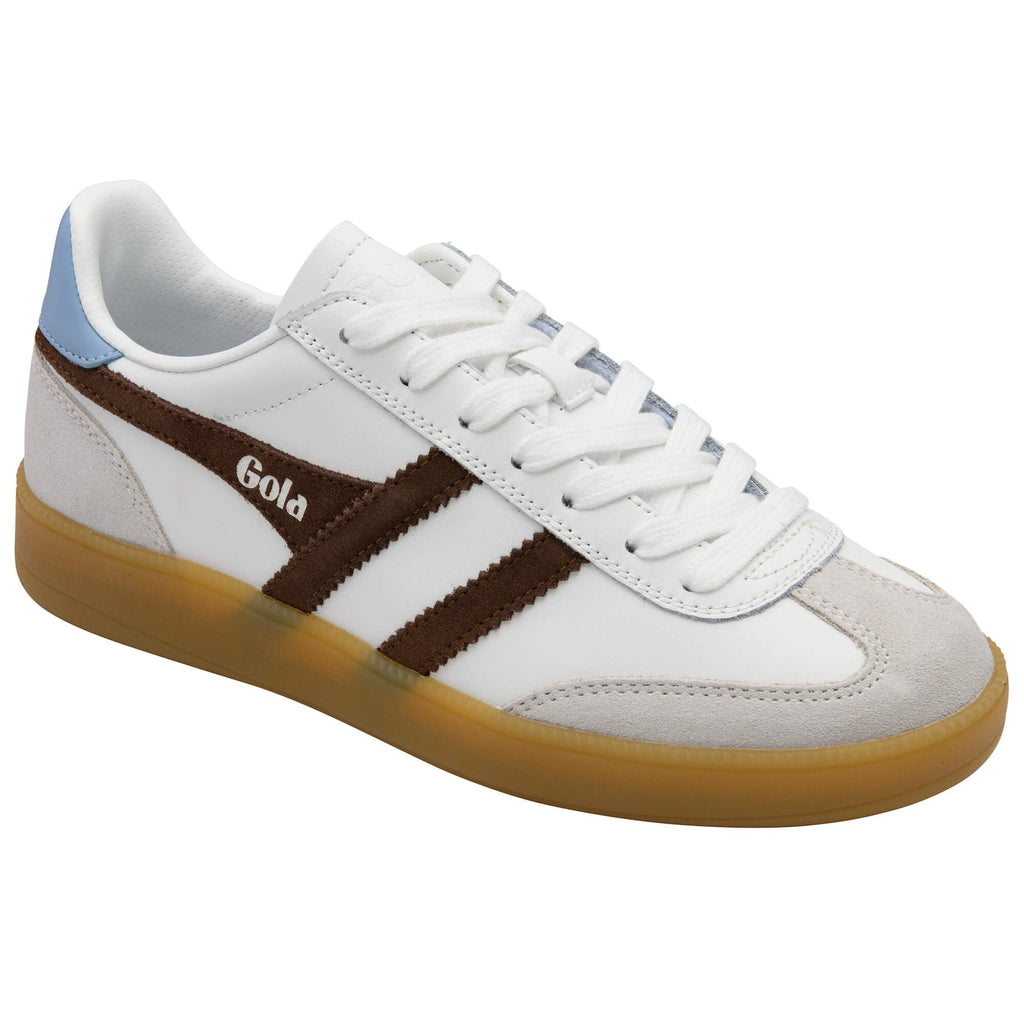 White Gola trainer with brown stripes and a blue heel tab on a white background