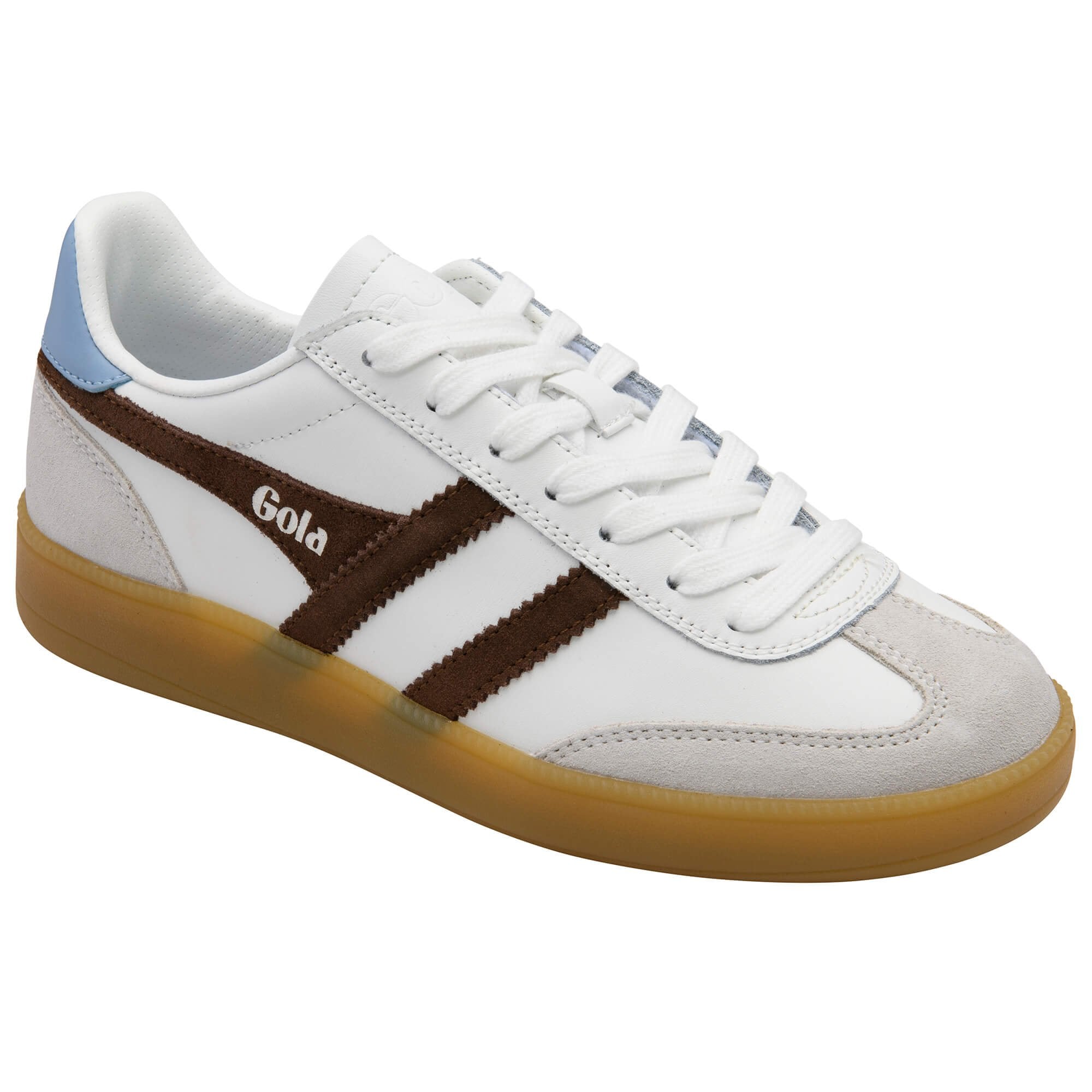 White Gola trainer with brown stripes and a blue heel tab on a white background