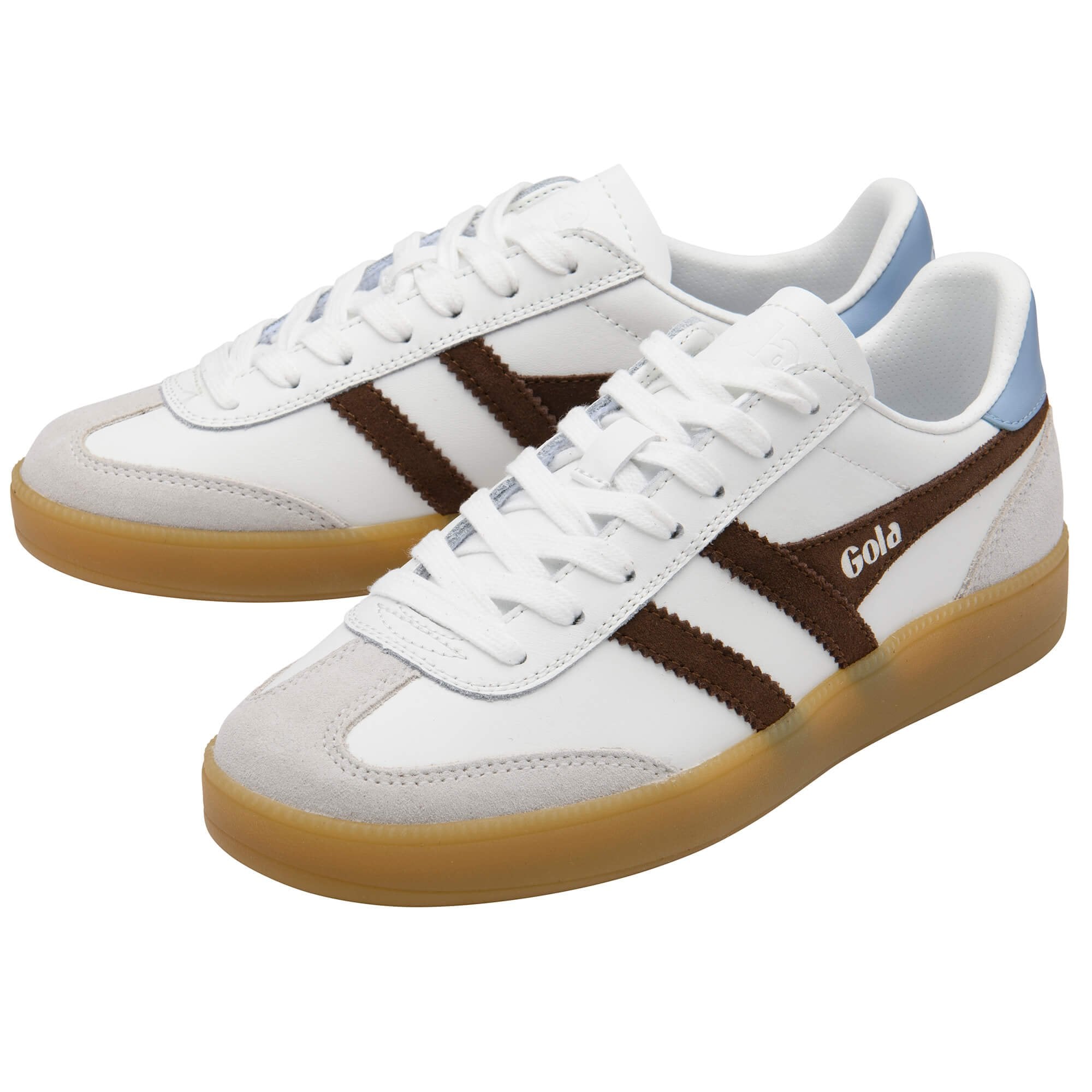 Pair of white Gola trainers with brown stripes, light blue heel accents, and gum soles
