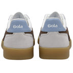 Pair of white Gola trainers with blue accents and gum soles on a white background